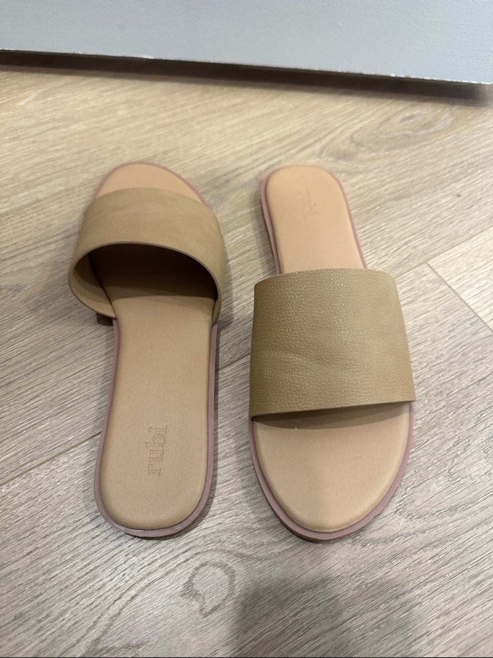 Wide Strap Slide Sandals in Tan - Women's Casual Slip-On